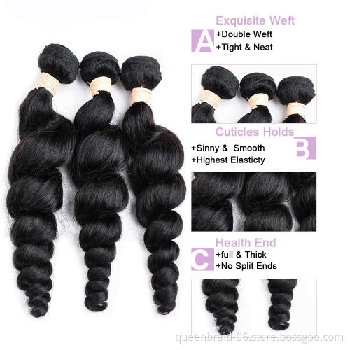 Brazilian Loose Wave Bundles with Closure Virgin Human Hair Bundles with 100% Unprocessed Human Hair Extensions Natural Color